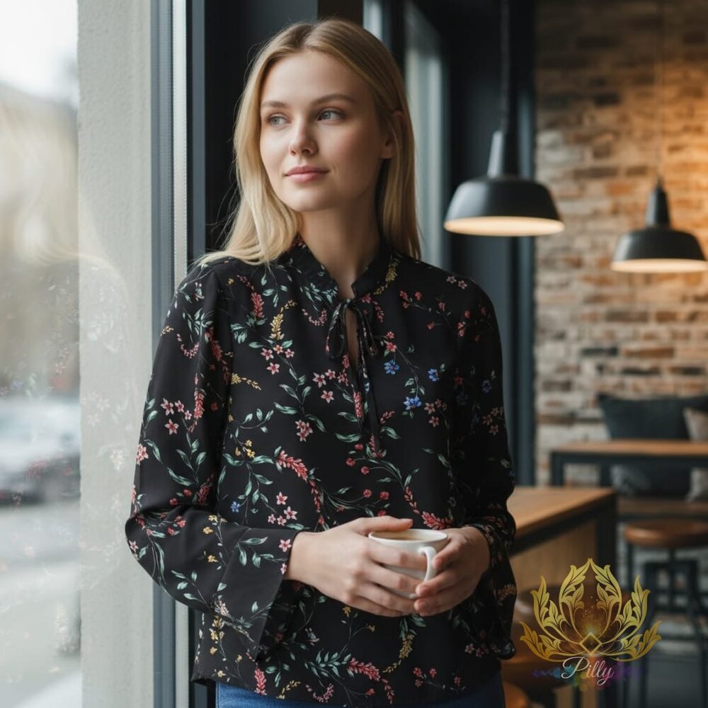Cupcakes & Cashmere Boho Floral Sheer Bell Sleeve Blouse XS Polyester Deep-Neck